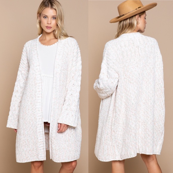 Long Open Front Cable Knit Ribbed Cardigan - Picture 2 of 2